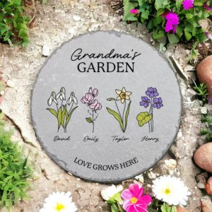 Round Garden stones with flower design and names underneath each flower