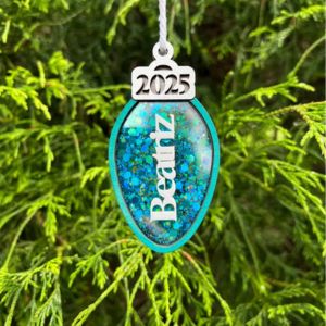 A persoanlized ornament hanging on christmas tree