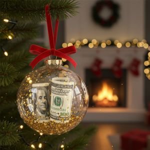 Christmas ornament with money and glitter inside