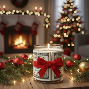 candle jar wrapped in money with a red bow