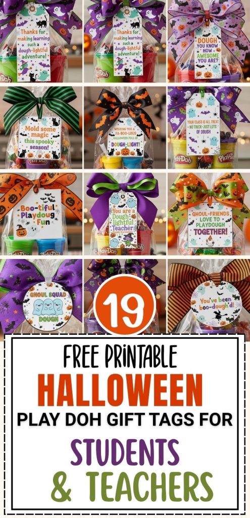 play doh gift tags free printable halloween for students and teachers at school. Budget friendly way to add some charm to your play doh treat bag . If you are creating budget-friendly Halloween treat bags for teachers and students then these halloween inspired gift tags with ghouls, pumpkins, witches nd bats will elevate the look of your inexpensive gift.