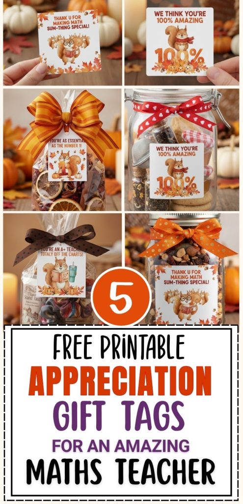 Make your homemade Math Teacher Appreciation gift stand out with the fun fall themed squirrel gift tags that are free to print
