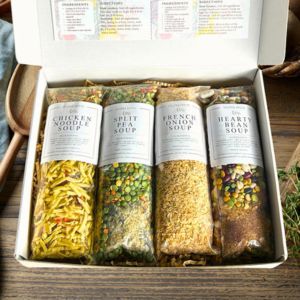 A box with 4 ready made dry soup mixes