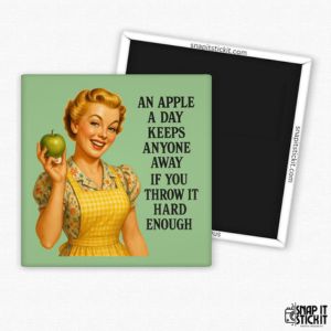 A magent with a funny text and retro style image of people