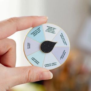 a hand holding a thinking spinner pin