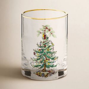 water glass with a christmas tree design on it