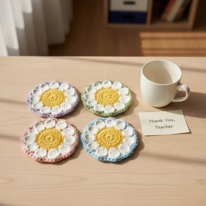 Simple handmade crochet daisy coaster gift for teacher