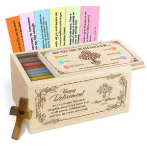 A box with bible verses stacked in it