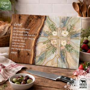 A cutting board with a bible verse printed on it