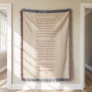 A throw blanket with text on it