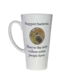 A white large mug with image of a bacteria and text underneath