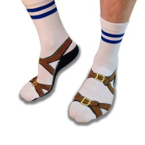 feet wearing socks that looks like sandals