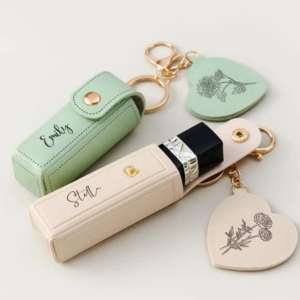 two Engraved Birth Flower Lipstick Keychain Cases with Mirror