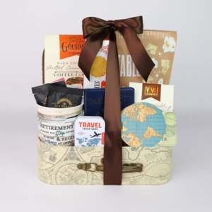 A gift basket full of travel themed products