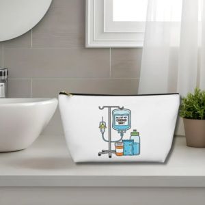 A make up accessory bag next to a basin