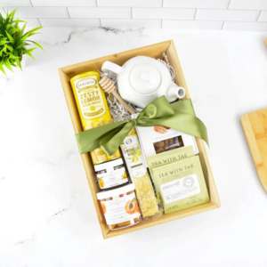 A yellow themed gift basket