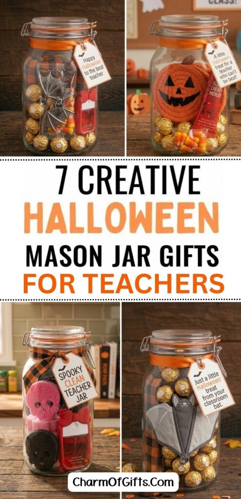 Skip the store bought gift basket this halloween and fill a mason jar with useful Halloween extras instead. Most of the items come in multipacks, so the cost per jar stays low even for a whole grade level of teachers or coworkers.
