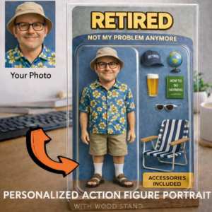 Custom retirement action figure portrait on acrylic display stand