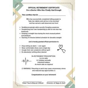Printed certificate with medical style retirement humor text