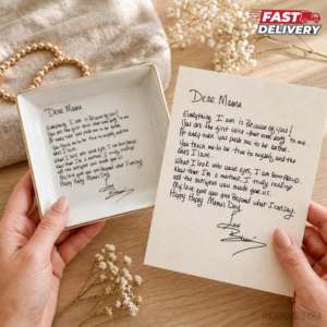 hands holding a note in one and a ceramic trinket dish in another