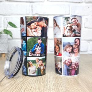 two tumbler iwith image collage printed on them