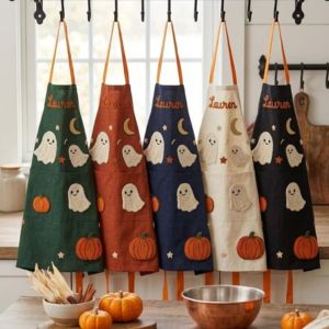5 halloween themed embroidered aprons