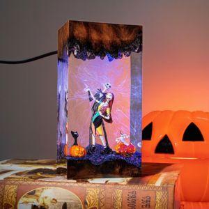 Glowing resin lamp with Jack and Sally figures