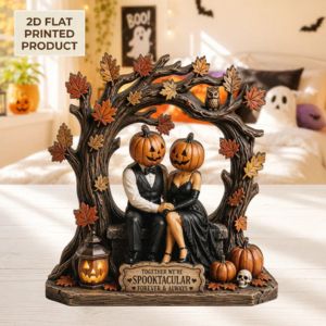 Pumpkin headed couple wood decor under autumn arch