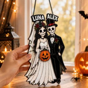Skeleton bride and groom suncatcher with names above