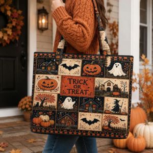 Woman carrying halloween themed tote bag