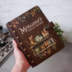 Wooden recipe book held in hand, witch themed