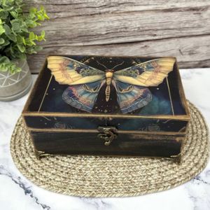 Wooden trinket box with hand painted moth on lid