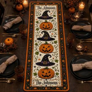 halloween themed personalized table runner on a table