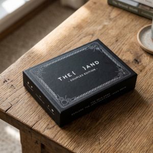 A black colored card deck laying on a table