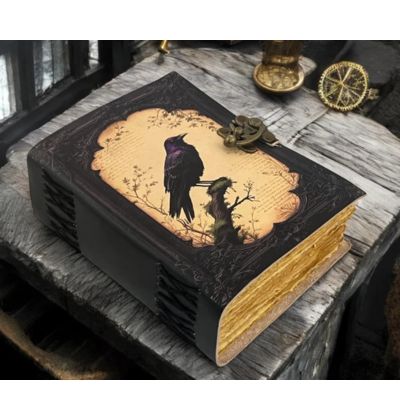 Black leather journal with hand painted raven and clasp lock