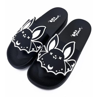 Black slide sandals with white bat graphic design