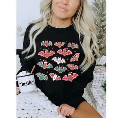 Black sweatshirt with bats wearing Santa hats