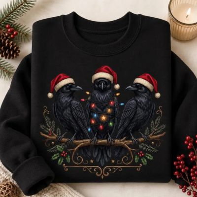 Black sweatshirt with three ravens in Santa hats and lights