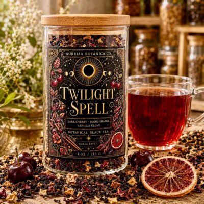 Black tea jar labeled Twilight Spell with dried fruit