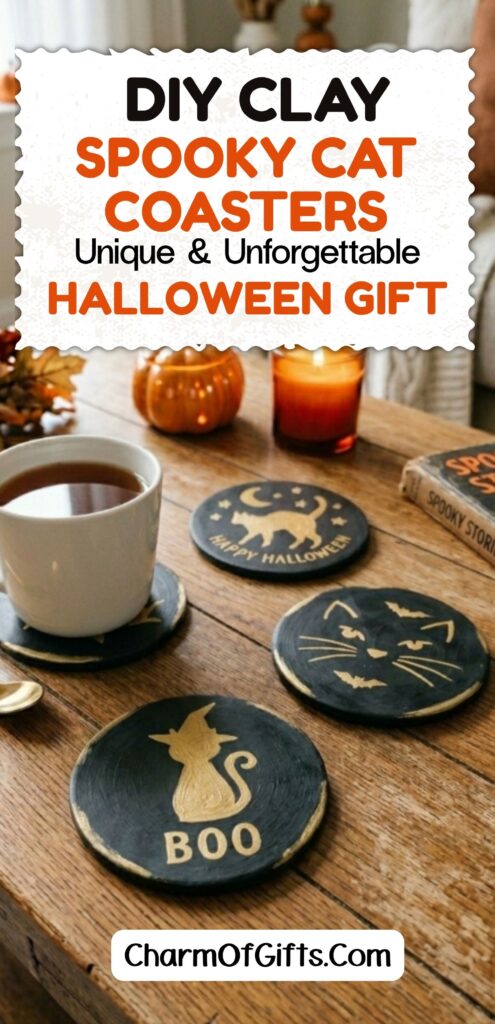 Learn how to make these black and gold cat clay coasters at home, no pottery wheel needed. A beginner-friendly Halloween craft and a handmade gift idea for coworkers, friends, or family who love the season. #halloweendiygift #halloweengiftbasket #halloweencraft #handmadeclaygift #halloweenclaycraft