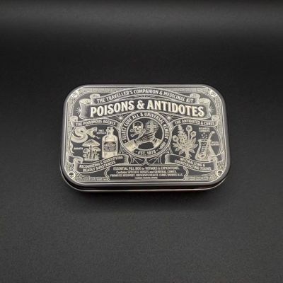 Engraved metal pill box with apothecary style design
