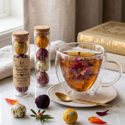 Glass tube with dried flower tea balls and petals