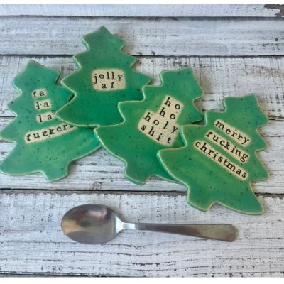 Green ceramic tree dish with printed holiday phrase