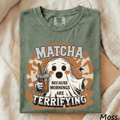 Green t-shirt with ghost holding iced matcha