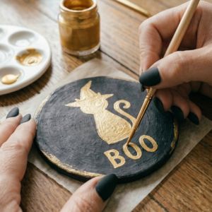 Hand painting gold letters spelling BOO on a black clay coaster