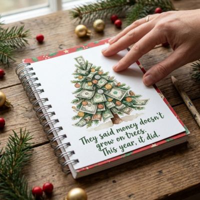 Hand pressing a watercolor money tree illustration onto a spiral notebook cover