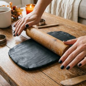 Hands rolling out a slab of black clay with a rolling pin