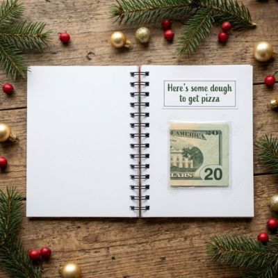 Open notebook page with a twenty dollar bill taped below a handwritten note about pizza