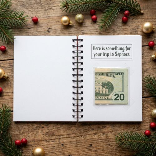 Open notebook page with a twenty dollar bill taped below a note about a Sephora trip