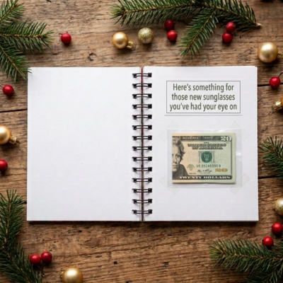 Open notebook page with a twenty dollar bill taped below a note about new sunglasses